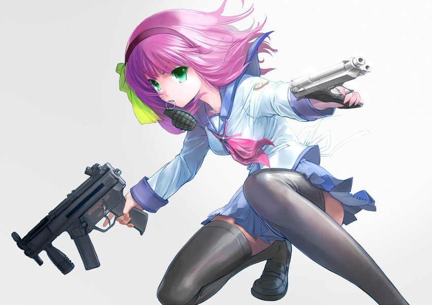 angel_beats! beretta_92 black_legwear explosive green_eyes grenade gun h&amp;k_mp5 h&amp;k_mp5k hairband handgun heckler_&amp;_koch kogaken mouth_hold pink_hair pistol school_uniform skirt solo submachine_gun thighhighs triple_wielding vertical_foregrip weapon yuri_(angel_beats!) zettai_ryouiki