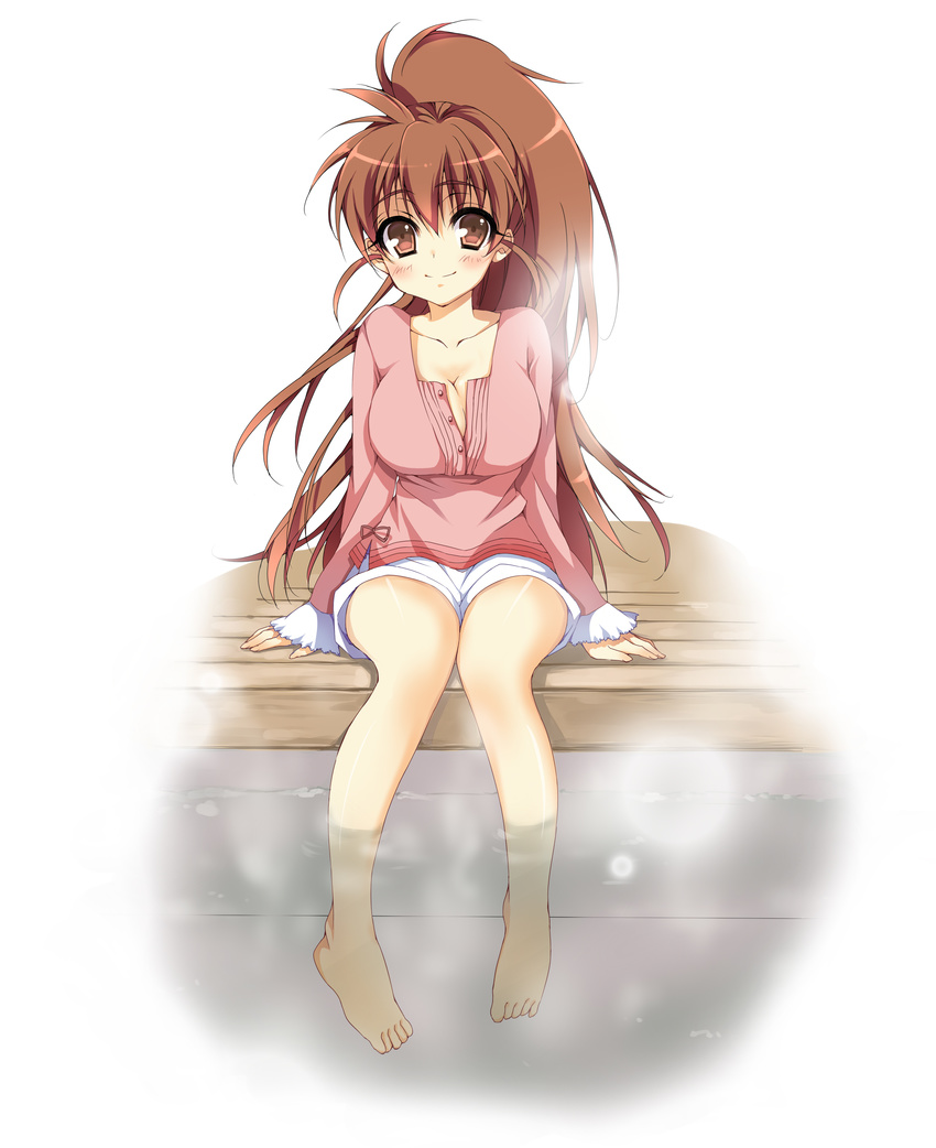 absurdres anapom bad_id bad_pixiv_id barefoot breasts brown_eyes brown_hair casual cleavage feet highres large_breasts long_hair ponytail shorts sitting smile soaking_feet solo taneshima_popura water working!!