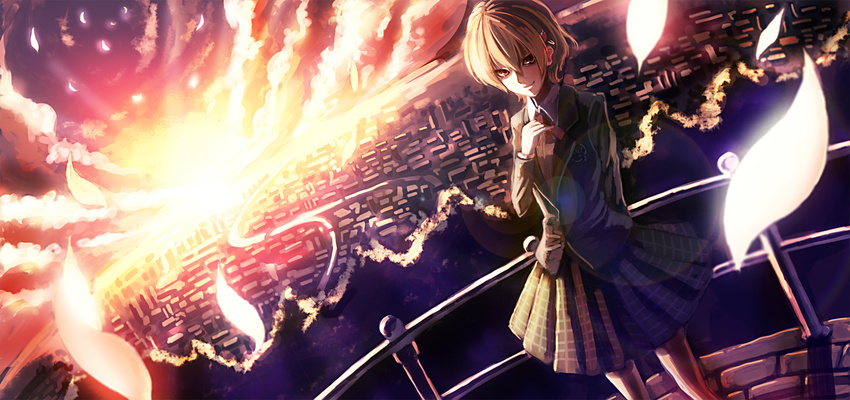 bad_id bad_pixiv_id banned_artist blazer city cityscape cloud hair_ornament hairclip hairpin inami_mahiru jacket orange_eyes orange_hair paseri ribbon scenery school_uniform short_hair skirt sky smile solo sunset working!!