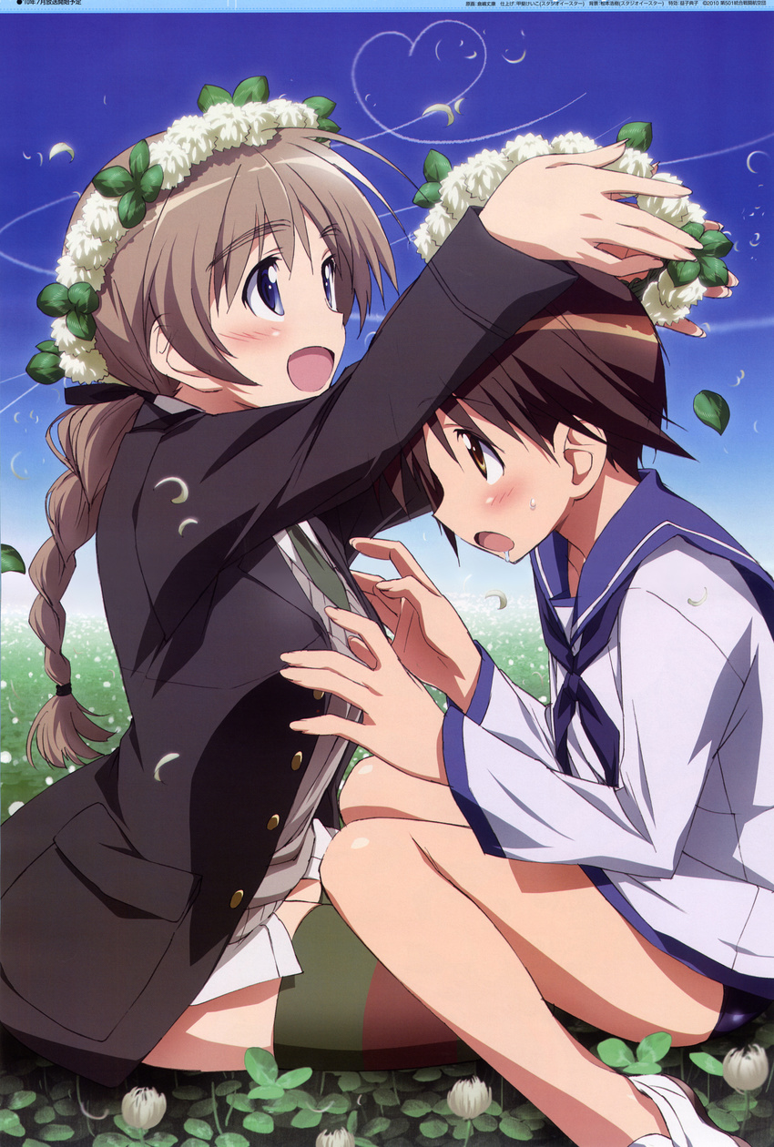 absurdres blue_eyes braid breast_grab breasts brown_eyes clover clover_(flower) condensation_trail day female_pervert flower four-leaf_clover grabbing head_wreath heart highres kurashima_tomoyasu lynette_bishop medium_breasts miyafuji_yoshika multiple_girls no_pants nyantype pervert saliva school_swimsuit short_hair strike_witches swimsuit swimsuit_under_clothes thighhighs world_witches_series yuri