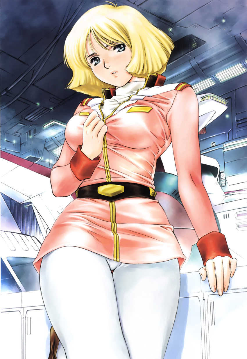 absurdres belt blonde_hair blue_eyes blush gundam hangar highres kobayashi_hiyoko military military_uniform mobile_suit_gundam non-web_source pantyhose sayla_mass short_hair solo space_craft uniform white_base white_legwear