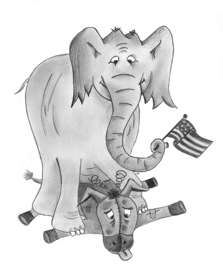 american_flag crush democrat donkey elephant equine flag greyscale humping logo male mammal monochrome overweight pinned politics republican squash squish ward_sutton