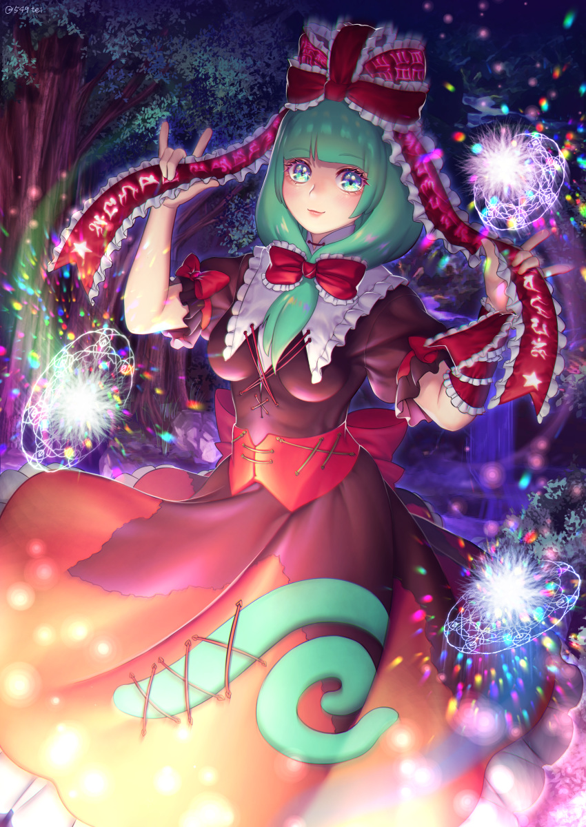 absurdres bangs blunt_bangs blush bow cowboy_shot dress eyebrows_visible_through_hair frilled_ribbon frilled_skirt frills front_ponytail green_eyes green_hair hair_bow hair_ribbon highres hinamatsuri holding holding_ribbon kagiyama_hina looking_at_viewer mayuma_yumeko red_bow red_dress ribbon skirt touhou tree