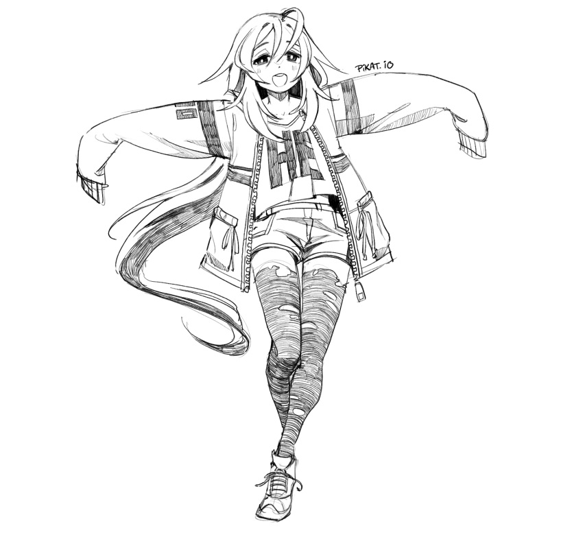 1girl ahoge blush greyscale hair_between_eyes hatching_(texture) highres jacket long_hair monochrome open_mouth original pikat round_teeth shoes short_shorts shorts sleeves_past_wrists smile sneakers solo teeth thighhighs torn_clothes torn_legwear upper_body zipper zipper_pull_tab