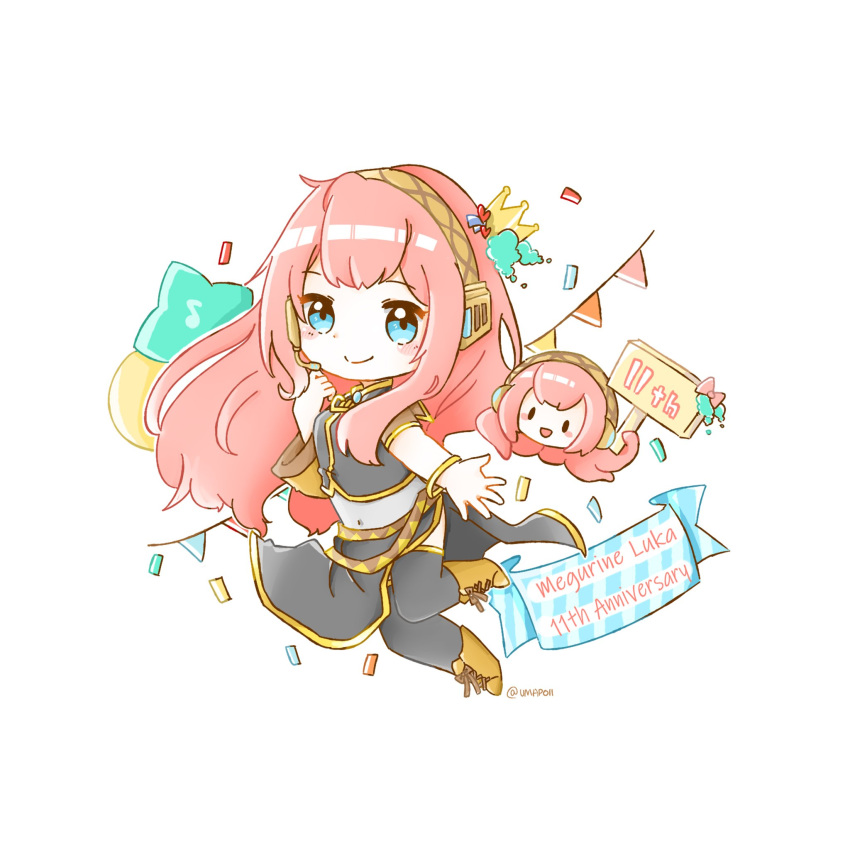 2girls anniversary armband black_shirt black_skirt blue_eyes blush_stickers boots bracelet character_name chibi commentary confetti crop_top full_body headphones headset highres holding holding_sign jewelry leg_up long_hair looking_at_viewer megurine_luka multiple_girls octopus open_mouth outstretched_arm pink_hair shirt sign single_sleeve skirt smile solid_oval_eyes string_of_flags takoluka tentacle_hair thighhighs umapoii vocaloid white_background