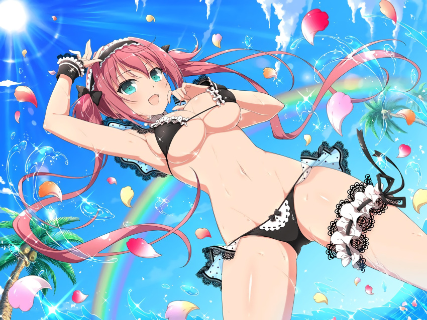 1girl airi_(queen's_blade) apron arm_up armpits ass_visible_through_thighs bangs beach bikini black_bikini black_bow black_ribbon blue_eyes blue_sky bow breasts cloud collar crossover day falling_petals frilled_bikini frills hair_bow hair_ribbon highres legs long_hair looking_at_viewer maid maid_apron maid_bikini maid_headdress medium_breasts midriff navel neck_ribbon ocean official_art open_mouth outdoors queen's_blade rainbow red_hair ribbon senran_kagura senran_kagura_new_link shiny sky solo standing stomach sun sunlight swimsuit thigh_strap thighs tree twintails two_side_up very_long_hair water water_drop wrist_cuffs yaegashi_nan