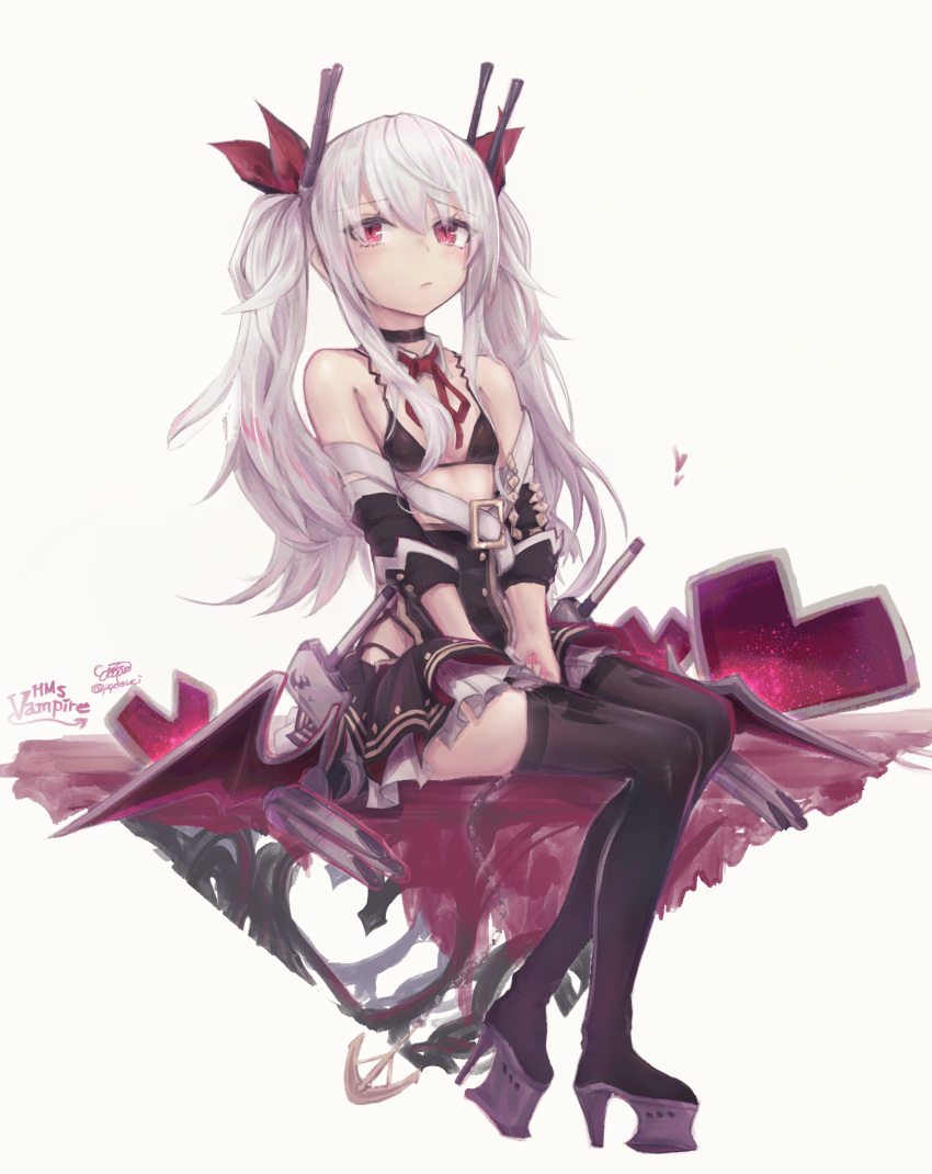 1girl azur_lane bare_shoulders black_bra black_dress blush bra breasts closed_mouth dress eicam eyebrows_visible_through_hair full_body hair_between_eyes hair_ribbon highres long_hair looking_at_viewer red_eyes red_ribbon ribbon silver_hair sitting small_breasts solo underwear vampire_(azur_lane) very_long_hair