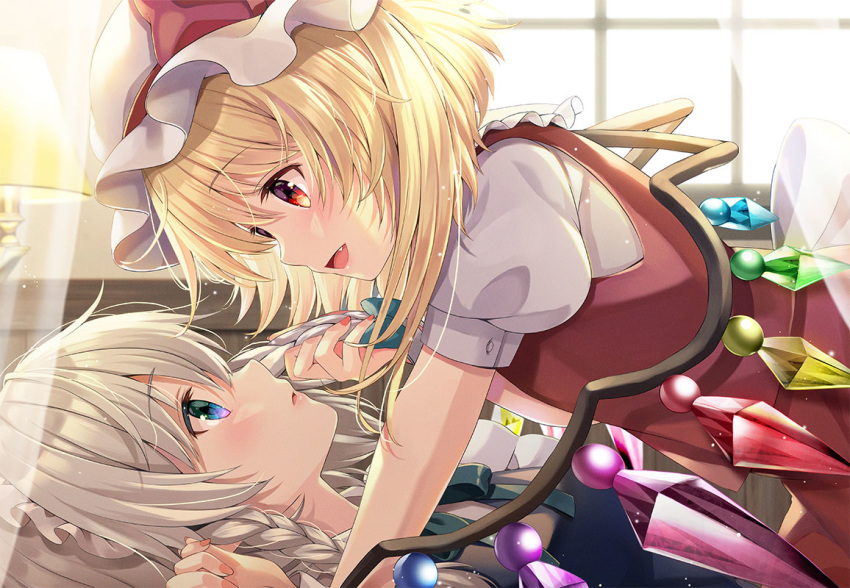 2girls banned_artist blonde_hair blue_eyes blurry blurry_background blush bow braid breasts commentary_request eye_contact eyebrows_visible_through_hair fang flandre_scarlet from_side green_bow hair_bow hat hat_ribbon holding_another's_hair indoors izayoi_sakuya lamp looking_at_another medium_breasts mob_cap multiple_girls open_mouth profile puffy_short_sleeves puffy_sleeves red_eyes red_ribbon red_vest ribbon shirt short_sleeves silver_hair touhou twin_braids upper_body vest white_headwear white_shirt window wings yellow_neckwear yuri yuuka_nonoko