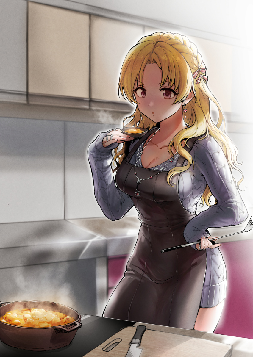 1girl :o apron asteria_(driftingprhp) black_apron blonde_hair braid breasts cleavage collarbone cooking cutting_board dress earrings grey_dress grey_sweater hair_ribbon highres idolmaster idolmaster_cinderella_girls jewelry kiryuu_tsukasa_(idolmaster) kitchen kitchen_knife ladle large_breasts long_hair multiple_rings pink_ribbon pot purple_eyes ribbon ring side_braid solo stove sweater sweater_dress