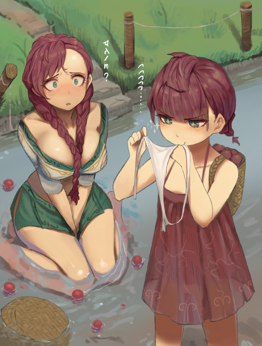 +_+ 2girls absurdres aqua_eyes backpack bag bare_arms barefoot blush braid breasts child chinese_commentary commentary_request crop_top dress durin_(liangzi_tai_hongcha) food fruit grass green_skirt highres holding holding_clothes holding_panties holding_underwear large_breasts liangzi_tai_hongcha long_hair multiple_girls open_mouth original outdoors panties panties_removed red_dress red_hair river shirt sitting sitting_on_water skirt sparkle tengwar_text translated twin_braids underwear wariza white_panties white_shirt