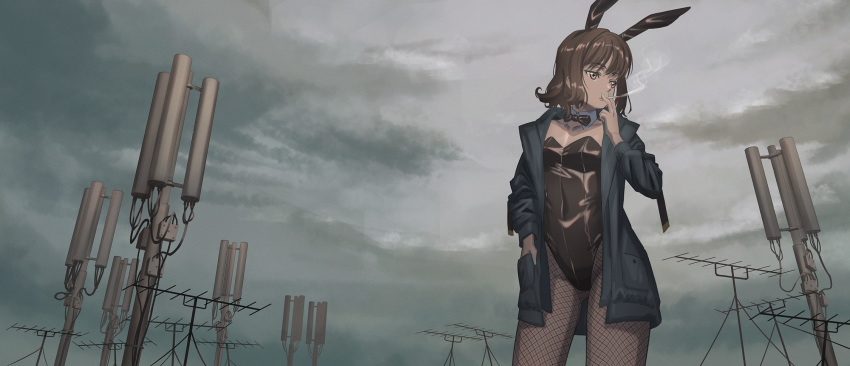 1girl animal_ears antennae bangs black_leotard black_neckwear blue_jacket bow bowtie breasts brown_eyes brown_hair bunny_ears bunnysuit cigarette cloud cloudy_sky collar commentary_request detached_collar eyebrows_visible_through_hair fishnet_legwear fishnets green_nails highres hironii_(hirofactory) jacket leotard long_sleeves looking_away looking_to_the_side mouth_hold nail_polish open_clothes open_jacket original outdoors pantyhose radio_antenna sky small_breasts smoke smoking solo strapless strapless_leotard white_collar wing_collar