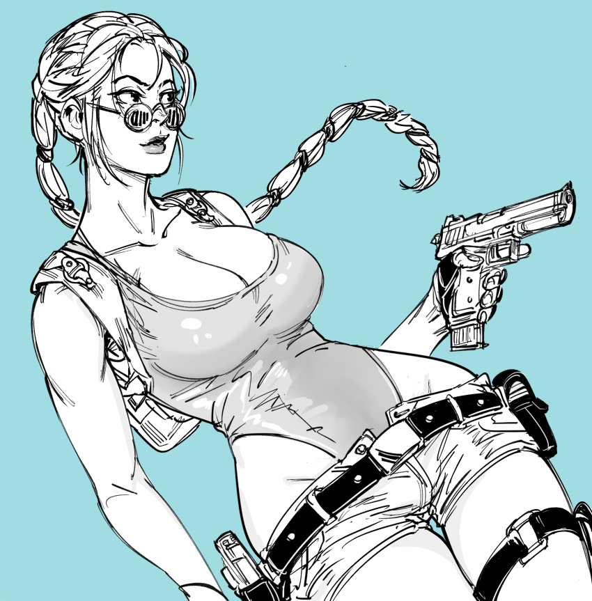 1girl backpack bag bb_(baalbuddy) belt blue_background braid braided_ponytail breasts cleavage cowboy_shot dutch_angle floating_hair gun handgun highres holding holding_gun holding_weapon holster lara_croft large_breasts leg_strap lipstick long_hair makeup one-piece_swimsuit pistol round_eyewear short_shorts shorts simple_background smile solo sunglasses swimsuit thigh_gap tomb_raider weapon