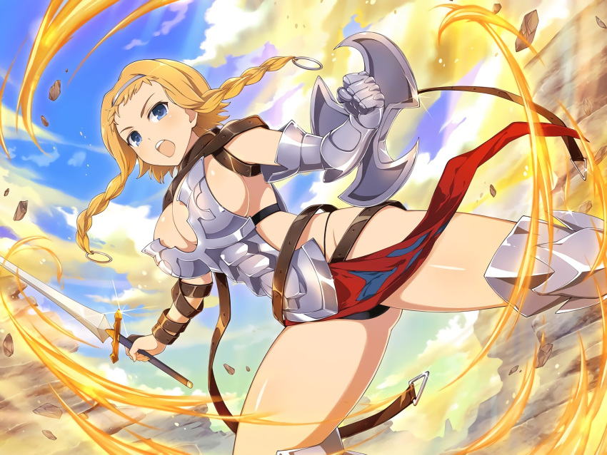 1girl armor armored_boots back belt black_panties blonde_hair blue_eyes blue_sky boots braid breastplate breasts buckle cleavage crossover day gauntlets greaves hairband highres holding holding_sword holding_weapon large_breasts leina official_art outdoors panties queen's_blade senran_kagura senran_kagura_new_link shield shiny short_hair sky solo sword thighs twin_braids underwear weapon yaegashi_nan