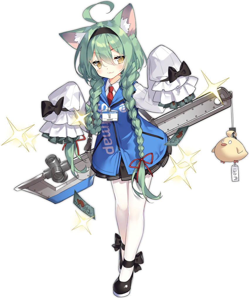 1girl :3 ahoge akashi_(azur_lane) akashi_(welcome_to_sofmap!)_(azur_lane) animal_ear_fluff animal_ears azur_lane bangs black_hairband black_skirt braid cat_ears closed_eyes closed_mouth collared_shirt eyebrows_visible_through_hair full_body green_hair hair_between_eyes hair_ribbon hairband highres id_card long_hair long_sleeves looking_at_viewer money necktie official_art pantyhose pleated_skirt red_neckwear red_ribbon ribbon saru shirt skirt sleeves_past_fingers sleeves_past_wrists sofmap solo sparkle transparent_background tress_ribbon twin_braids white_legwear white_shirt yellow_eyes