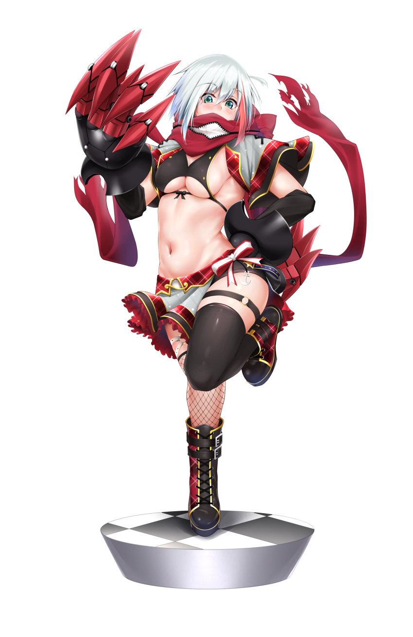 1girl absurdres admiral_graf_spee_(azur_lane) admiral_graf_spee_(ironblood_cutie)_(azur_lane) anchor_symbol aqua_eyes azur_lane bangs black_bikini_top black_footwear black_legwear black_sleeves blush boots breasts checkered checkered_floor claws commentary_request cropped_jacket cross-laced_footwear detached_sleeves eyebrows_visible_through_hair fishnet_legwear fishnets frilled_skirt frills full_body grey_jacket grey_skirt groin hair_between_eyes hand_on_hip hand_up highres idol jacket knee_boots lace-up_boots leg_belt looking_at_viewer mechanical_hands medium_breasts midriff mismatched_legwear multicolored_hair navel no_tail open_clothes open_jacket oriue_wato red_footwear red_hair red_jacket red_scarf red_skirt scarf scarf_over_mouth shadow short_hair shorts shorts_under_skirt sideboob sidelocks silver_hair simple_background single_thighhigh skirt solo standing standing_on_one_leg streaked_hair tachi-e thighhighs two-tone_footwear underboob white_background