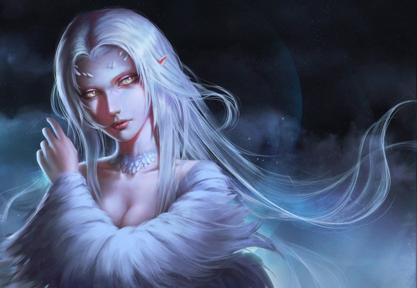 1girl absurdres alisa_nilsen breasts cleavage collarbone dark_souls dragon_girl dragon_horns fur highres horns lips long_hair medium_breasts nose pointy_ears portrait priscilla_the_crossbreed scales slit_pupils solo souls_(from_software) star starry_background white_hair yellow_eyes