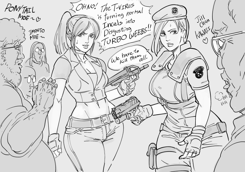 2girls 4boys bb_(baalbuddy) beard belt beret breasts claire_redfield cleavage cropped_shirt crossover english_text facial_hair fingerless_gloves gloves grey_background greyscale gun handgun hat heart highres holding holding_gun holding_weapon imminent_rape jill_valentine medium_breasts midriff monochrome multiple_boys multiple_girls navel otaku pants parted_lips pistol ponytail resident_evil resident_evil_2 resident_evil_3 romaji_text short_sleeves simple_background submachine_gun sweatdrop weapon you_gonna_get_raped