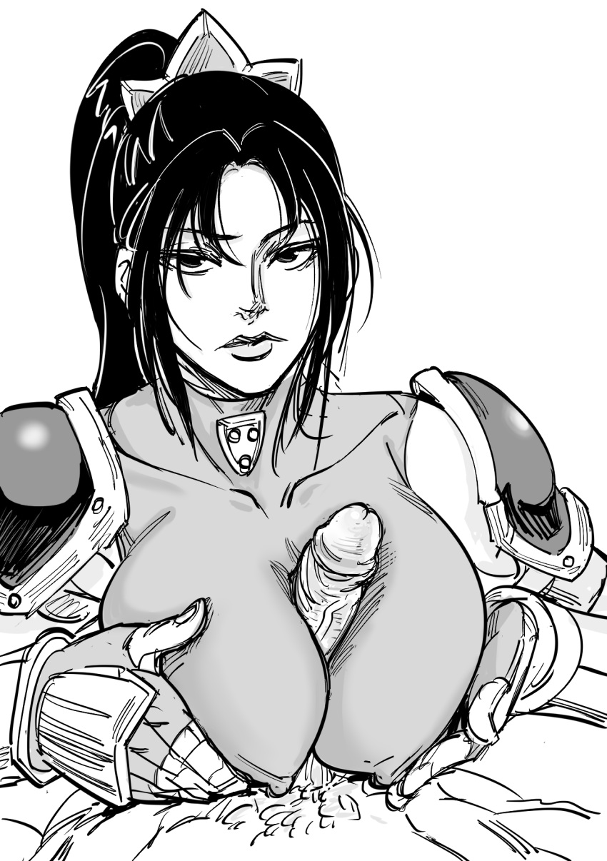 1boy 1girl bb_(baalbuddy) bodysuit breasts closed_mouth clothed_female_nude_male covered_nipples erection fingerless_gloves gloves greyscale hetero highres large_breasts looking_at_viewer monochrome nude paizuri penis ponytail shoulder_armor simple_background soulcalibur spaulders taki_(soulcalibur) uncensored veins veiny_penis white_background