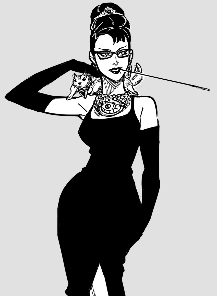 1girl audrey_hepburn bare_shoulders bayonetta bayonetta_(character) bb_(baalbuddy) breakfast_at_tiffany's breasts contrapposto cowboy_shot diadem dress elbow_gloves glasses gloves grey_background greyscale hand_up highres jewelry kiseru looking_to_the_side medium_breasts mole mole_under_mouth monochrome mouth_hold necklace parted_lips pipe simple_background skin_tight smile solo squirrel standing