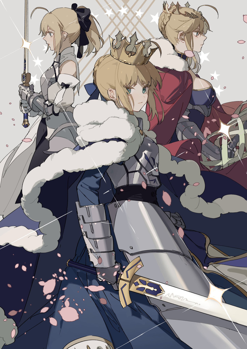 3girls ahoge armor armored_dress artoria_pendragon_(all) artoria_pendragon_(lancer) bare_shoulders black_bow blonde_hair bow braid breasts caliburn cape cherry_blossoms crown detached_sleeves excalibur falling_petals fate/grand_order fate/stay_night fate/unlimited_codes fate_(series) french_braid from_side fur-trimmed_cape fur_trim gauntlets green_eyes hair_between_eyes highres holding holding_sword holding_weapon lance large_breasts looking_at_viewer multiple_girls polearm ponytail rhongomyniad saber saber_lily sideboob sidelocks sword weapon zhibuji_loom