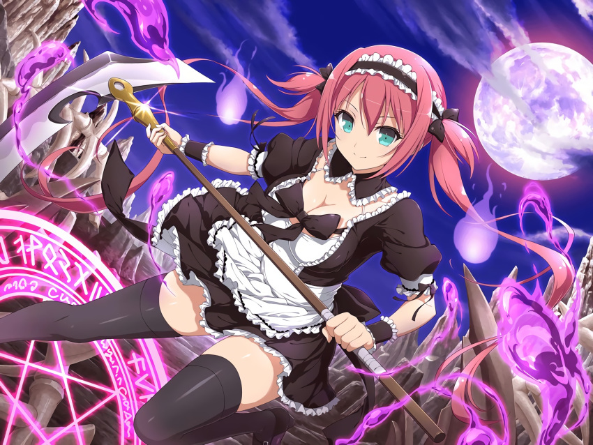 1girl airi_(queen's_blade) apron bangs black_bow black_dress black_footwear black_legwear black_ribbon blue_eyes bow bowtie breasts cleavage cleavage_cutout closed_mouth collar crossover dress fire floating frilled_dress frilled_sleeves frills full_moon hair_bow hair_ribbon highres holding holding_weapon long_hair looking_at_viewer magic_circle maid maid_apron maid_headdress medium_breasts moon night official_art outdoors pleated_dress puffy_short_sleeves puffy_sleeves queen's_blade red_hair ribbon sash scythe senran_kagura senran_kagura_new_link short_dress short_sleeves sidelocks smile solo thighhighs twintails two_side_up underwear very_long_hair waist_apron weapon white_apron white_sash wrist_cuffs yaegashi_nan