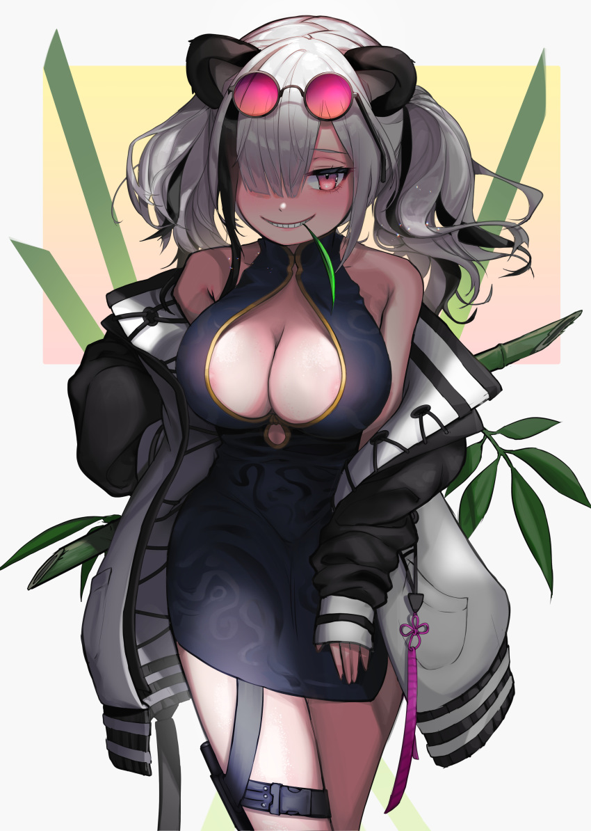 1girl absurdres animal_ears arknights bamboo_shoot black_dress breasts china_dress chinese_clothes cleavage_cutout dress eyewear_on_head feater_(arknights) gold_trim grin hair_over_one_eye highres large_breasts leg_belt looking_at_viewer multicolored_hair panda_ears purple-tinted_eyewear round_eyewear short_dress smile solo streaked_hair sunglasses two-tone_coat two-tone_jacket vividyume