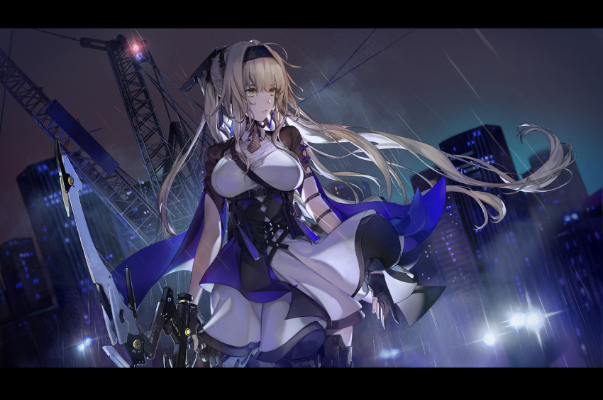 1girl bangs bianca_(punishing_grey_raven) black_gloves blonde_hair bow_(weapon) breasts building city closed_mouth commentary_request cowboy_shot crane_(machine) dress gloves headgear highres holding holding_bow_(weapon) holding_weapon letterboxed long_hair mini_necktie night noir_(ibaraki) outdoors partly_fingerless_gloves punishing:_gray_raven rain skyscraper solo weapon white_dress yellow_eyes