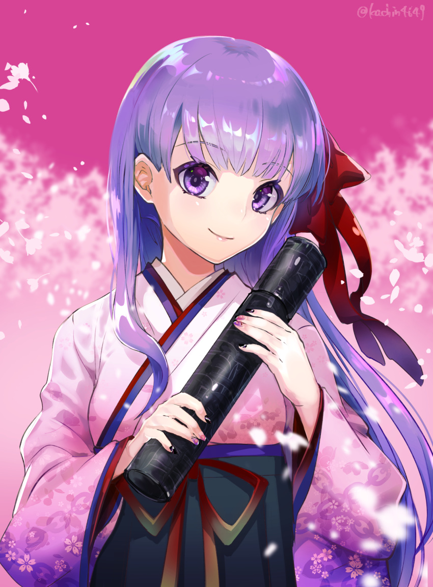 1girl bangs bb_(fate)_(all) bb_(fate/extra_ccc) black_hakama blurry blurry_background bow closed_mouth commentary_request depth_of_field eyebrows_visible_through_hair fake_nails fate/grand_order fate_(series) floral_print graduated_cylinder hair_bow hakama highres japanese_clothes kachin kimono long_hair long_sleeves petals pink_kimono print_kimono purple_eyes purple_hair red_bow red_ribbon ribbon smile solo twitter_username wide_sleeves