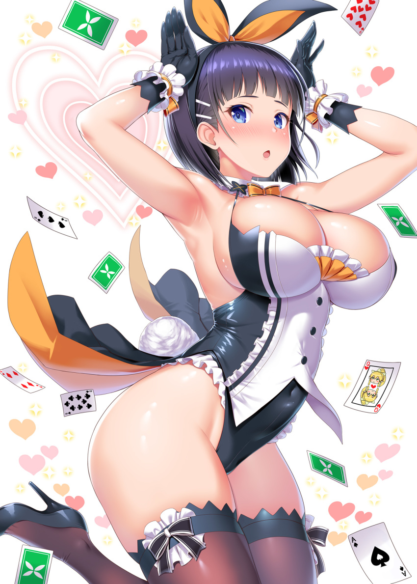 1girl :o bangs black_hair blue_eyes breasts bunny_girl bunny_pose bunny_tail capelet card cleavage commentary_request covered_navel detached_collar gloves hair_ornament hair_ribbon hairclip heart high_heels highres jumping kawase_seiki knees_together_feet_apart large_breasts leotard medium_hair neck_ribbon open_mouth playing_card ribbon shiny shiny_skin solo sparkle sword_art_online tail thighhighs thighs white_background