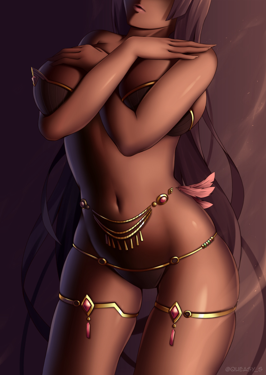 1girl belly_chain bikini black_hair breasts brown_background brown_bikini cleavage commentary cowboy_shot dark_skin egyptian egyptian_clothes fate/grand_order fate_(series) feathers fingernails gold_trim groin hands_on_own_breasts head_out_of_frame head_tilt highres jewelry large_breasts long_fingernails long_hair midriff navel parted_lips queasy_s scheherazade_(fate/grand_order) shiny shiny_skin sidelocks skindentation solo standing swimsuit thighlet twitter_username very_long_hair