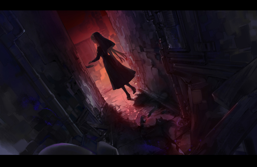 1girl alley backlighting blonde_hair character_request dark debris different_shadow drainpipe dress from_behind habit highres letterboxed long_dress long_hair long_sleeves looking_away noir_(ibaraki) nun profile puddle punishing:_gray_raven shadow solo_focus standing very_long_hair wide_shot