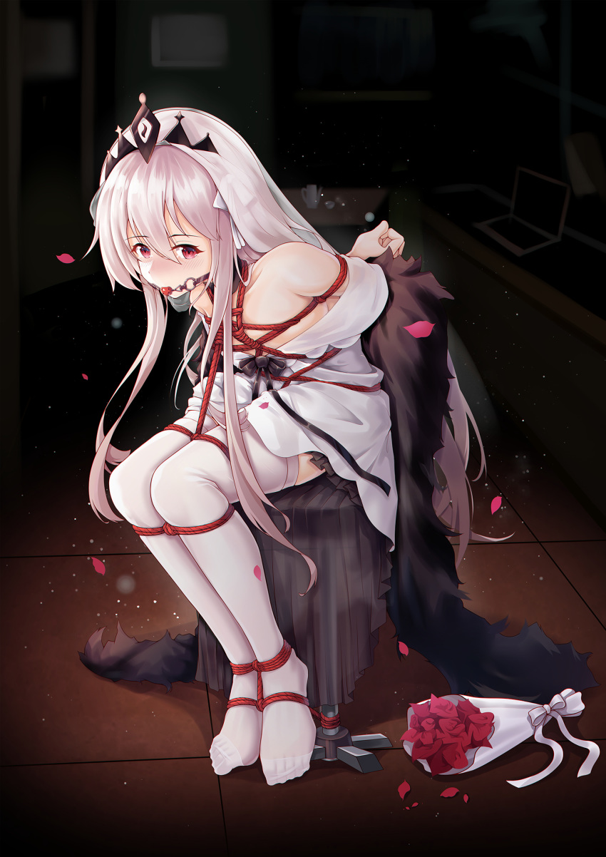 arms_behind_back bangs bare_shoulders bdsm black_background blush bondage bound bouquet breasts character_request chinese_commentary commentary_request crown dress eyebrows_visible_through_hair flower gag girls_frontline hair_between_eyes highres looking_at_viewer open_clothes open_dress petals red_eyes red_robe restrained saliva sidelocks sitting small_breasts thighhighs tied_up tile_floor tiles white_dress white_hair white_legwear yiduan_zhu