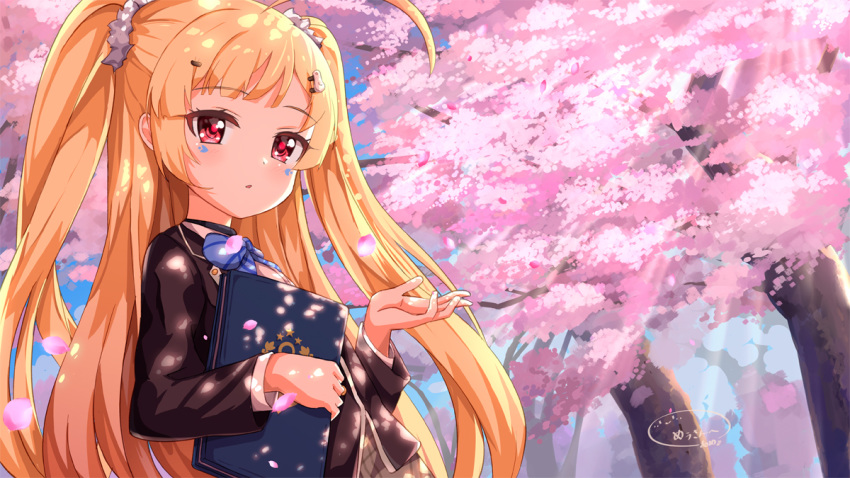 1girl ahoge ame. azur_lane bangs black_jacket blazer blonde_hair blue_bow blush book bow brown_skirt cherry_blossoms commentary_request day eldridge_(azur_lane) eldridge_(mystery_of_the_empty_classroom)_(azur_lane) eyebrows_visible_through_hair facial_mark flower hair_ornament hairclip hand_up holding holding_book jacket long_hair long_sleeves outdoors parted_lips petals pink_flower plaid plaid_skirt red_eyes signature skirt solo tree two_side_up very_long_hair