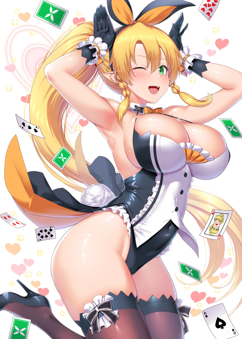 1girl :d bangs blonde_hair braid breasts bunny_girl bunny_pose bunny_tail capelet card cleavage commentary_request covered_navel detached_collar eyebrows_visible_through_hair gloves green_eyes hair_ribbon heart high_heels highres jumping kawase_seiki knees_together_feet_apart large_breasts leafa leotard neck_ribbon one_eye_closed open_mouth playing_card ribbon shiny shiny_skin sidelocks smile solo sparkle sword_art_online tail thighhighs thighs white_background