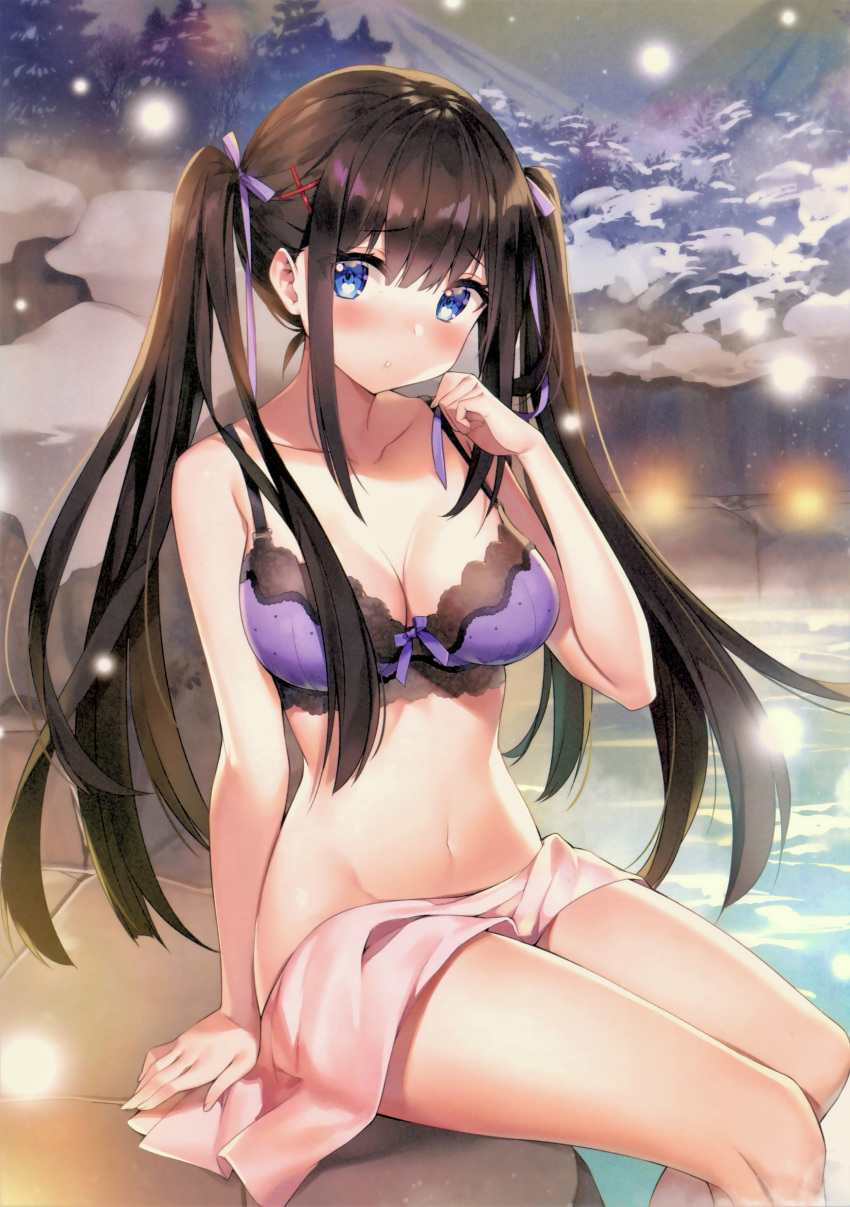 1girl absurdres arm_at_side ayamy blue_eyes blush bottomless bra breasts cleavage eyebrows_visible_through_hair hair_ornament hair_ribbon hand_to_own_mouth highres long_hair medium_breasts navel onsen outdoors parted_lips purple_bra ribbon scan sidelocks sitting snowing soaking_feet solo steam toranoana twintails underwear x_hair_ornament
