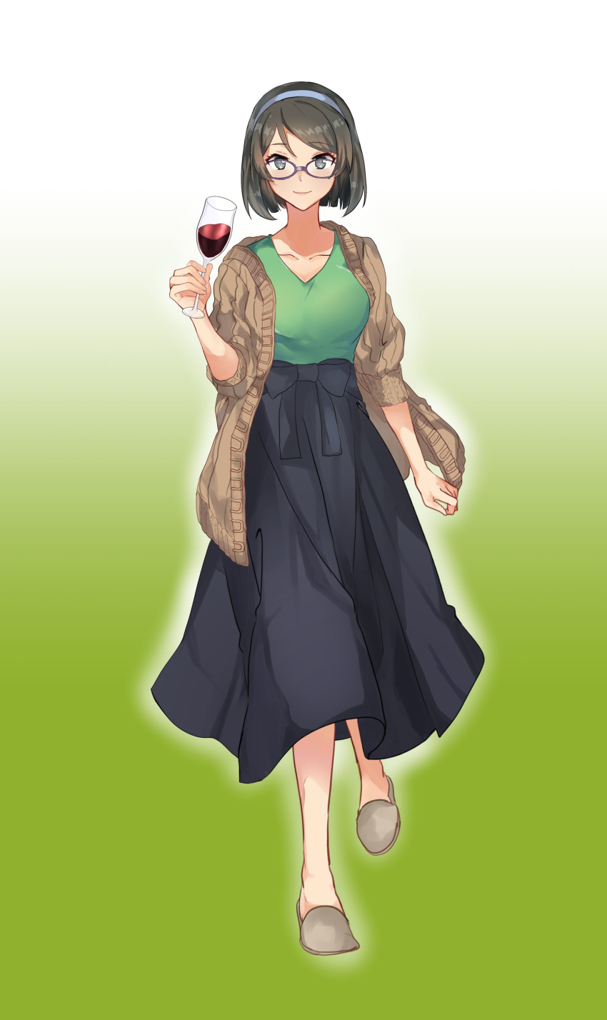 1girl absurdres alcohol alternate_costume bangs black_hair blue_hairband breasts brown_jacket cup drinking_glass eyebrows_visible_through_hair full_body glasses gradient gradient_background green_shirt grey_eyes hairband highres holding jacket kantai_collection kirishima_(kantai_collection) long_skirt purple-framed_eyewear shirt short_hair simple_background skirt slippers smile solo standing wine wine_glass yamabuki0211