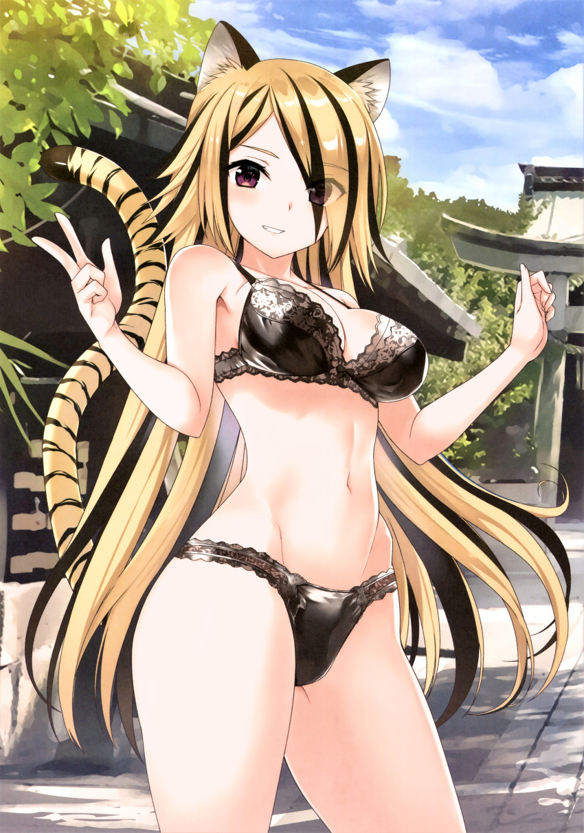 1girl absurdres animal_ears black_bra black_hair black_panties blonde_hair bra breasts cleavage contrapposto cowboy_shot grin hair_over_one_eye highres hip_bones koin_(foxmark) long_hair medium_breasts multicolored_hair navel outdoors panties purple_eyes scan smile solo streaked_hair tail tiger_ears tiger_tail toranoana underwear underwear_only very_long_hair w