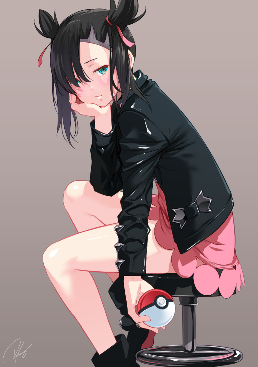 1girl asymmetrical_bangs bangs black_footwear black_hair black_jacket boots brown_background closed_mouth dress gradient gradient_background green_eyes hair_ribbon highres holding holding_poke_ball jacket legs long_sleeves looking_at_viewer mary_(pokemon) pink_dress pink_ribbon poke_ball poke_ball_(generic) pokemon pokemon_(game) pokemon_swsh re_lucy ribbon short_hair signature sitting solo undercut