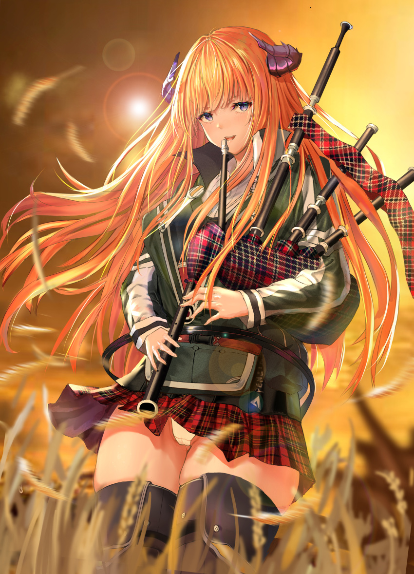 1girl :d a-by absurdres arknights bagpipe_(arknights) bagpipes bangs black_legwear blue_eyes commentary_request cowboy_shot grass green_jacket highres holding holding_instrument horns instrument jacket lens_flare long_hair long_sleeves looking_at_viewer miniskirt music open_mouth orange_hair outdoors panties pantyshot pantyshot_(standing) plaid plaid_skirt playing_instrument red_skirt skirt smile solo standing thighhighs thighs underwear very_long_hair white_panties