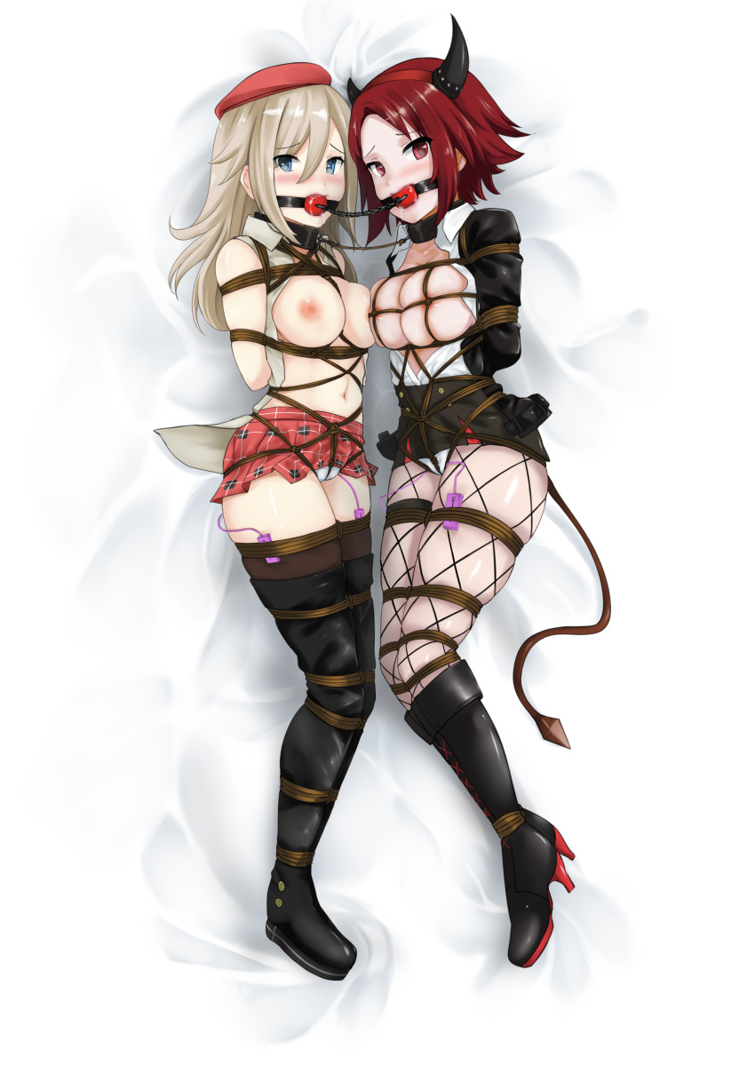 2girls absurdres alisa_ilinichina_amiella arms_behind_back ball_gag bdsm bondage boots bound cameltoe chain collar crotch_rope demon_girl demon_horns demon_tail drooling epis fishnets gag gagged gloves god_eater god_eater_2:_rage_burst highres horns kertaspata king's_raid long_hair looking_at_viewer midriff multiple_girls nipples panties pantyhose red_hair restrained rope saliva shibari skirt skirt_lift succubus sweat tail thigh_boots thigh_gap thighhighs tied_up underwear vibrator vibrator_under_clothes vibrator_under_panties white_hair