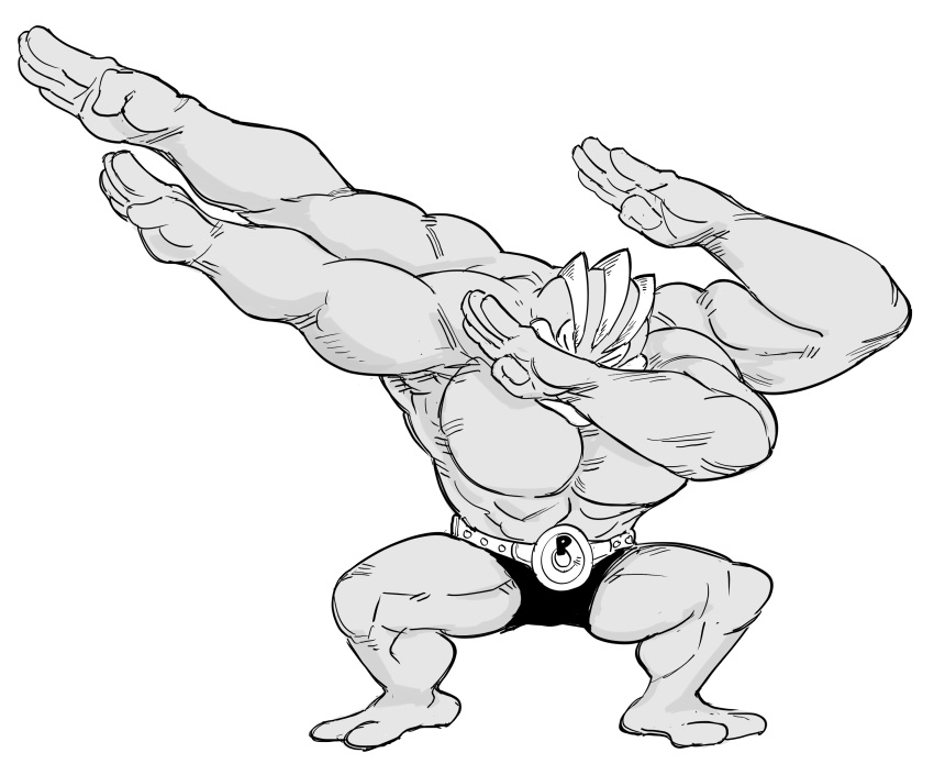 absurdres bb_(baalbuddy) belt commentary dab_(dance) english_commentary extra_arms full_body gen greyscale hair_over_eyes highres legs_apart machamp monochrome no_humans pokemon simple_background solo white_background