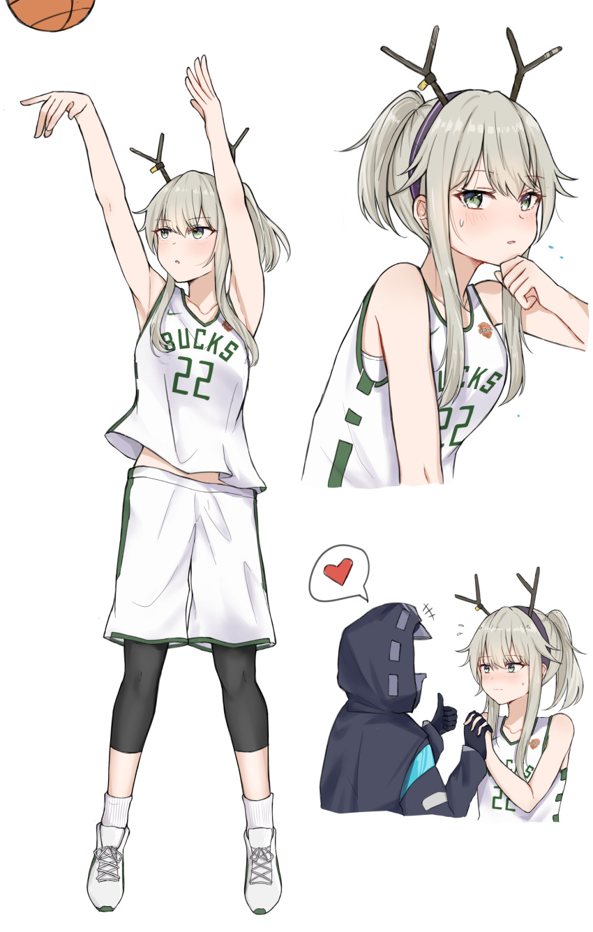 +++ 1girl absurdres ambiguous_gender antlers arknights arms_up bangs bare_shoulders basketball basketball_jersey basketball_uniform bike_shorts blush breasts chinese_commentary collarbone cropped_torso deer_antlers deer_girl doctor_(arknights) eyebrows_visible_through_hair firewatch_(arknights) flying_sweatdrops full_body green_eyes grey_hair hair_between_eyes hairband heart highres interlocked_fingers jumping long_hair looking_at_another looking_at_viewer mango_(mgo) multiple_views nose_blush ponytail shoes shorts sidelocks simple_background small_breasts socks spoken_heart sportswear sweat thumbs_up upper_body white_background wiping_face
