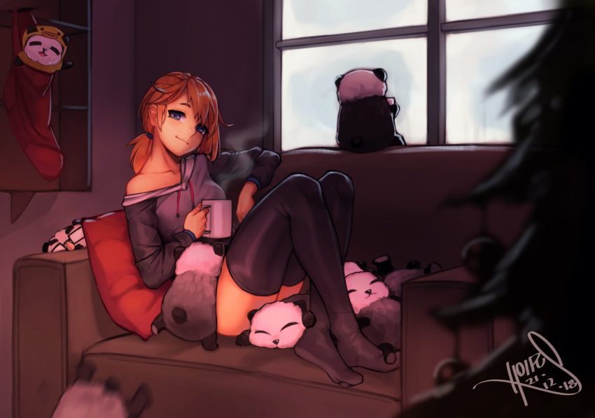 1girl artist_name black_legwear blue_eyes blush brown_hair closed_mouth collarbone couch cup dated highres hoipus holding holding_cup hood hoodie indoors long_hair long_sleeves looking_at_viewer mug original pillow signature sitting smile smug solo stuffed_animal stuffed_panda stuffed_toy thighhighs window