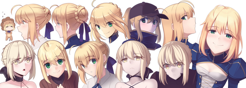 =_= absurdres ahoge animal_costume armor artoria_pendragon_(all) baseball_cap black_choker blonde_hair blue_dress blush boa_(brianoa) braid braided_bun breasts brown_sweater chibi choker cleavage_cutout closed_mouth dark_persona dress expressions eyebrows_visible_through_hair eyes_visible_through_hair fate/grand_order fate/stay_night fate/tiger_colosseum fate_(series) gradient gradient_background green_eyes grey_background grey_headwear hair_ribbon happy hat highres lion_costume long_hair looking_at_viewer multiple_persona mysterious_heroine_x open_mouth parted_lips profile purple_ribbon ribbon saber saber_alter sidelocks small_breasts smile sweater turtleneck wide-eyed yellow_eyes