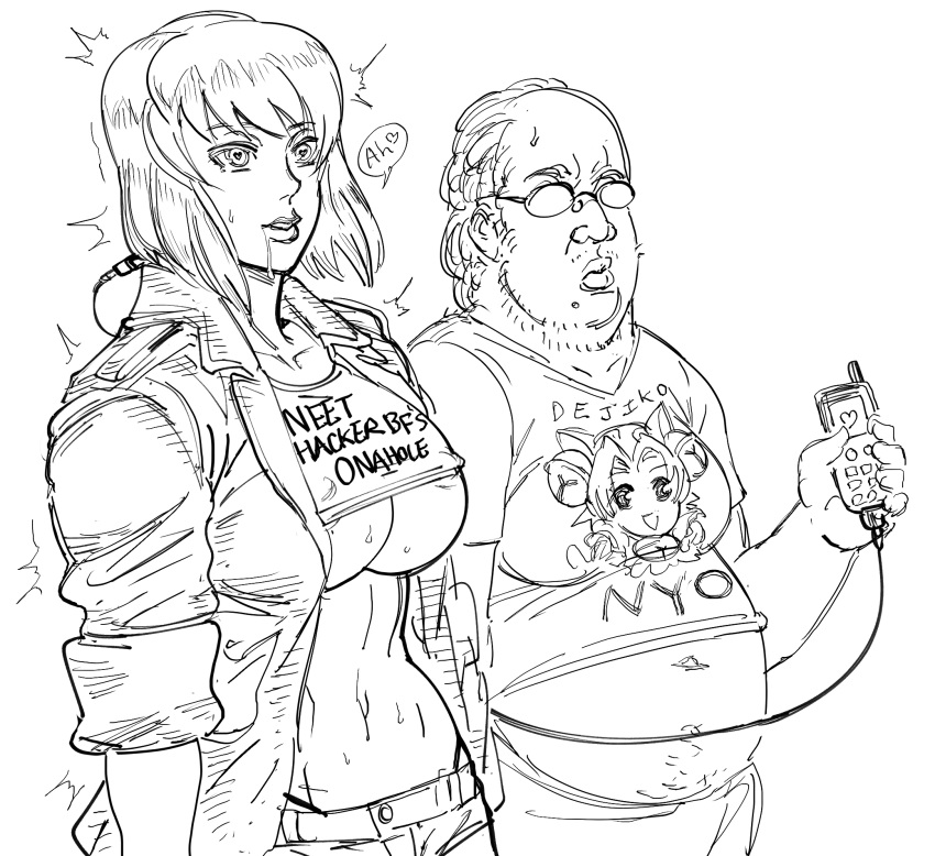1boy 1girl android bb_(baalbuddy) big_belly breasts cable closed_mouth covered_nipples dejiko di_gi_charat drooling fat ghost_in_the_shell glasses greyscale hacker heart heart-shaped_pupils highres holding jacket kusanagi_motoko large_breasts mind_control monochrome navel opaque_glasses open_clothes open_jacket otaku panty_straps short_hair short_shorts shorts simple_background spoken_heart standing symbol-shaped_pupils white_background you_gonna_get_raped