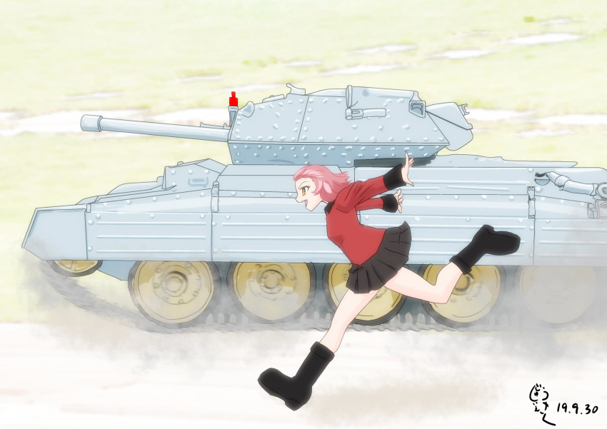 1girl artist_name black_footwear black_skirt boots brown_eyes commentary crusader_(tank) dated day dust_cloud from_side girls_und_panzer ground_vehicle highres jacket long_sleeves medium_hair military military_uniform military_vehicle miniskirt motor_vehicle oekaki_ojiisan open_mouth outdoors outstretched_arms pleated_skirt red_hair red_jacket rosehip_(girls_und_panzer) running signature skirt smile solo spread_arms st._gloriana's_military_uniform tank uniform