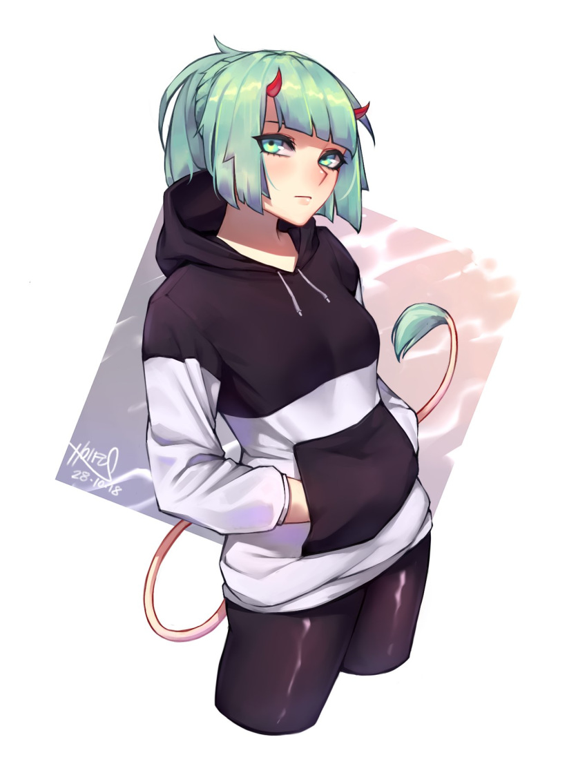 1girl artist_name black_hoodie black_legwear blush breasts closed_mouth cow_tail dated expressionless eyebrows green_eyes green_hair hands_in_pockets highres hoipus hood hoodie horns looking_at_viewer multicolored_hoodie original pantyhose signature small_breasts solo tail white_hoodie