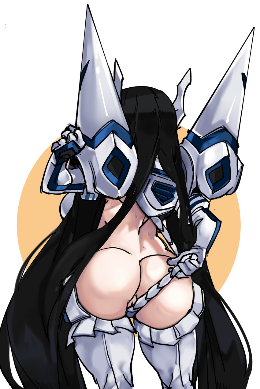 1girl absurdres adjusting_clothes ass black_hair boots breasts c-string clenched_hand from_behind headgear highres junketsu kamui_(kill_la_kill) kill_la_kill kiryuuin_satsuki large_breasts long_hair pauldrons pussy_peek revealing_clothes sideboob solo sweat thigh_boots thighhighs very_long_hair white_legwear zana