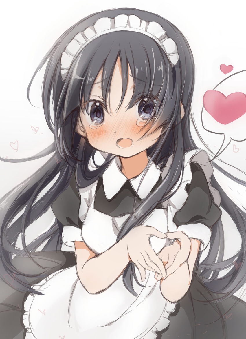 1girl absurdres akiyama_mio alternate_costume apron bangs black_dress black_eyes black_hair blush dress embarrassed enmaided heart heart_hands highres hitode k-on! long_hair maid maid_apron maid_headdress moe_moe_kyun! solo spoken_heart tearing_up upper_body