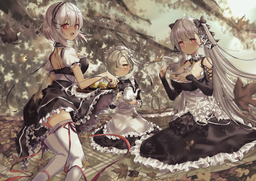 3girls apron autumn autumn_leaves azur_lane biscuit_(bread) black_dress black_nails black_ribbon blanket blonde_hair blush bow braid breasts bustier chain cleavage closed_mouth collar cup dress eyelashes eyes_visible_through_hair formidable_(azur_lane) french_braid frilled_collar frilled_dress frills grey_hair hair_bow hair_over_one_eye hair_ribbon highres holding holding_cup holding_tray juliet_sleeves kneeling large_breasts leaf long_hair long_sleeves looking_at_viewer looking_back maid maid_apron maid_headdress medium_hair metal_collar momotetu multiple_girls nail_polish open_mouth picnic picnic_blanket puffy_sleeves red_eyes red_ribbon ribbon ruffled_skirt saucer sheffield_(azur_lane) short_sleeves sirius_(azur_lane) sitting tareme teacup teapot thighhighs tray tree tree_branch twintails very_long_hair wall white_hair white_legwear white_ribbon wicker_basket yellow_eyes